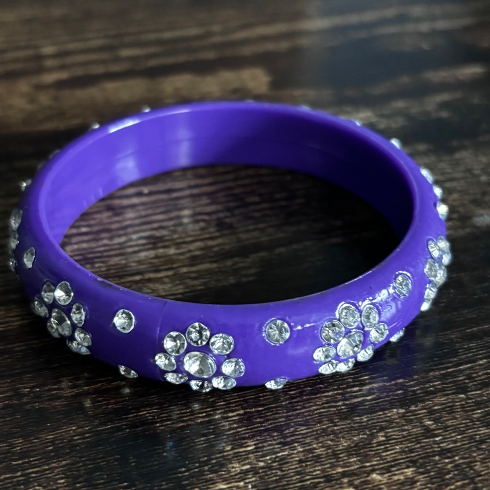 Purple Resin Bangle Bracelet Clear Rhinestone Flower Floral Y2K Sparkly Jewelry